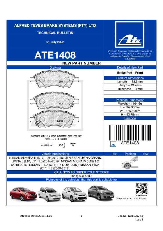 ATE1408 NEW! Brake Pad for Nissan Almera III, Nissan Livina Grand, Nissan Micra IV, Nissan Tiida featured image